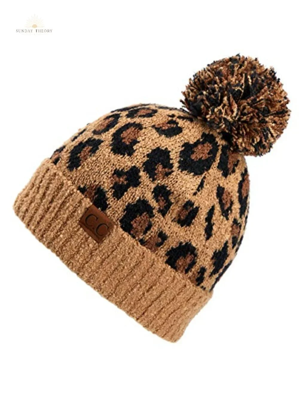 Leopard Pattern Beanie with Fur Pom, Viscose Blend, Winter Hat